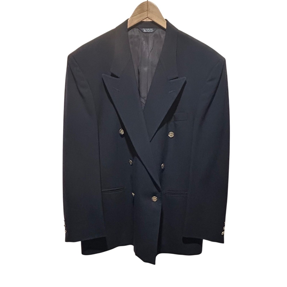 Vintage Kuppenheimer Navy 100%‎ Wool Double Breasted Blazer Gold Crest Buttons